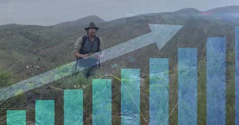 Image of financial data processing over caucasian man hiking in mountains Stock Photos