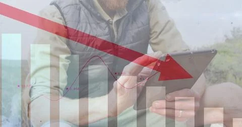 Image of financial data processing over caucasian man using tablet in mountains Stock Photos