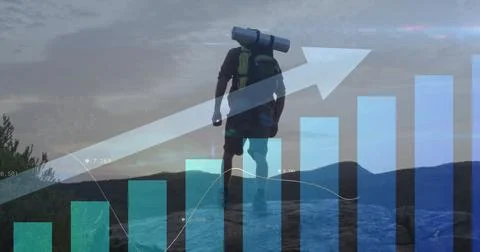 Image of financial data processing over caucasian man hiking in mountains Stock Photos