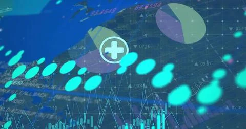 Image of financial data processing over world map and dark background 스톡 사진