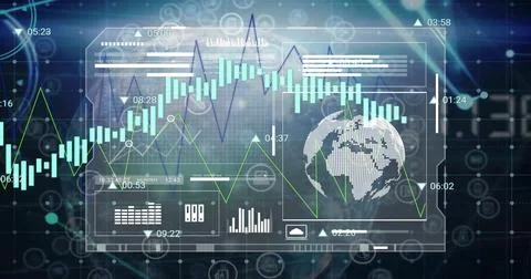 Image of financial data processing over globe and dark background Foto stock