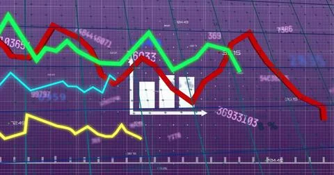 Image of financial data processing over grid and dark background Stock Photos