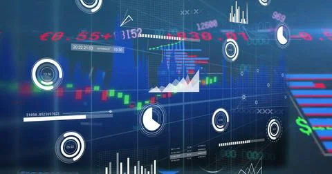 Image of financial data processing over grid and dark background Stock Photos