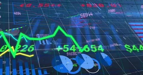Image of financial data processing over grid and dark background Stock Photos