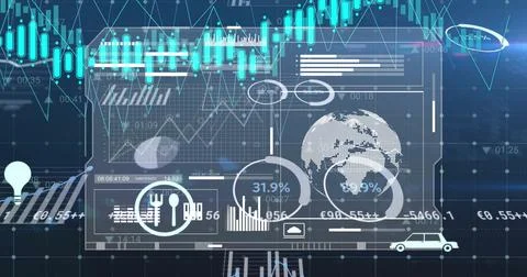 Image of financial data processing over grid and dark background 스톡 사진
