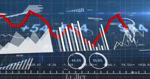 Image of financial data processing over grid and dark background Stock Photos