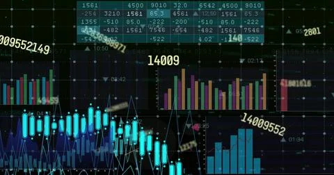 Image of financial data processing over grid and dark background 스톡 사진