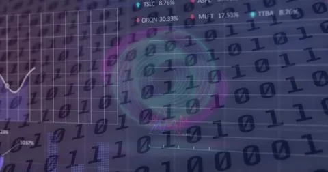 Image of financial data processing over binary coding Stock Photos