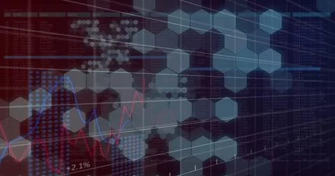 Image of financial data processing over network of hexagons Stock Photos