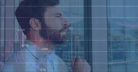 Image of financial data processing over caucasian businessman thinking 스톡 사진