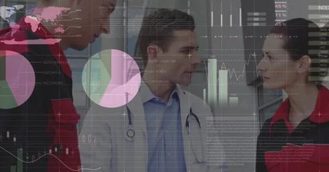 Image of financial data processing over diverse doctors in hospital Stock Photos