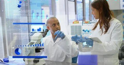 Image of financial data processing over diverse scientists working in lab Stock Photos