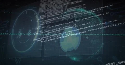 Image of financial data processing over globe on black background Stock Photos