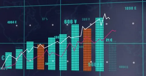 Image of financial data processing over dark background Stock Photos