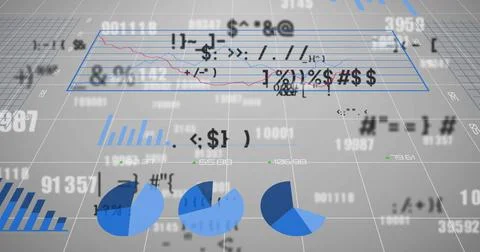 Image of financial data processing over grid on grey background 스톡 사진