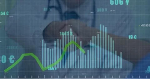 Image of financial data processing over diverse doctors shaking hands Stock Photos