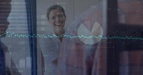 Image of financial data processing over diverse female doctor and patients Stock Photos
