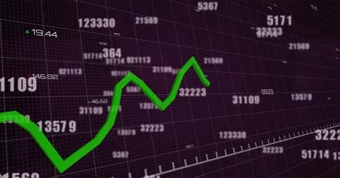 Image of financial data processing over grid on black background 스톡 사진