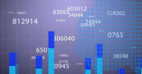 Image of financial data processing over grid on purple background Stock Photos