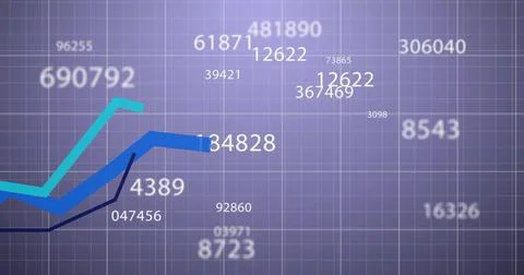 Image of financial data processing over grid on purple background Foto stock