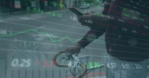 Image of financial data processing over african american man using smartphone 스톡 사진