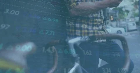 Image of financial data processing over caucasian man using tablet Stock Photos