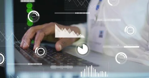 Image of financial data processing over african american man using laptop Stock Photos