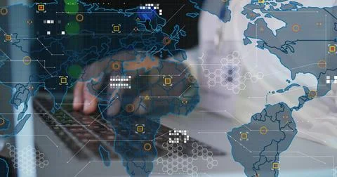 Image of financial data processing over african american man using laptop Stock Photos