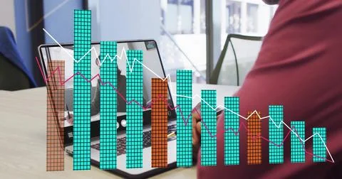Image of financial data processing over african american man on laptop video Stock Photos