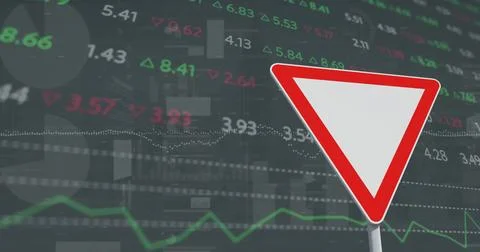 Image of financial data processing over no entry road sign and city 스톡 사진