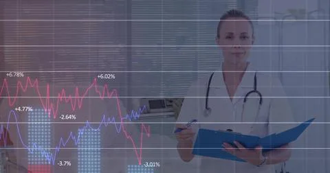 Image of financial data processing over caucasian female doctor Stock Photos
