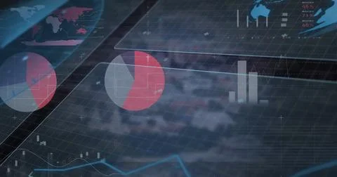 Image of financial data processing over cityscape Foto stock