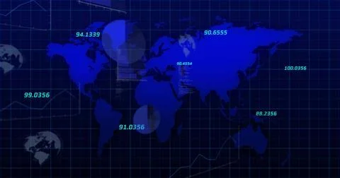 Image of financial data processing over world map on dark background Stock Photos