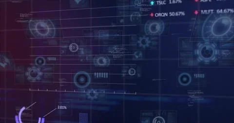 Image of financial data processing over world map on dark background Stock Photos