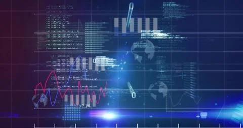 Image of financial data processing over world map on dark background Foto stock