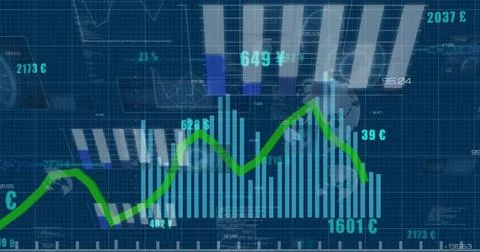 Image of financial data processing over world map on dark background 스톡 사진