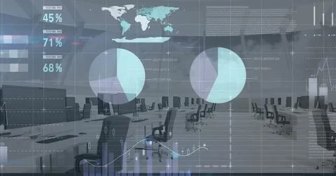 Image of financial data processing over empty office Stock Photos