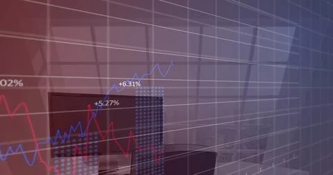 Image of financial data processing over empty office Stock Photos
