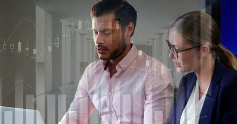 Image of financial data processing over diverse business people in office Foto stock