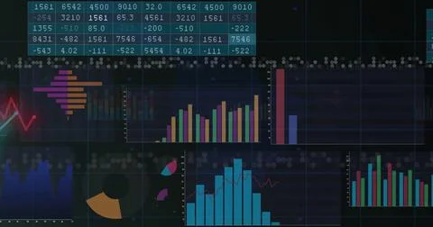 Image of financial data processing over black background 写真素材