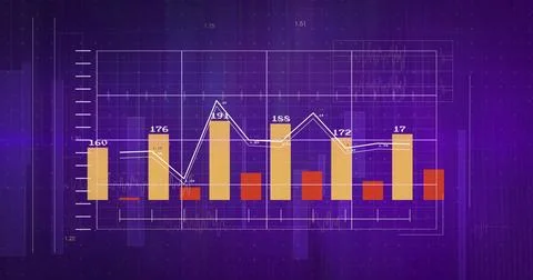 Image of financial data processing over purple background 스톡 사진