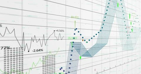 Image of financial data processing over grid on white background 스톡 사진