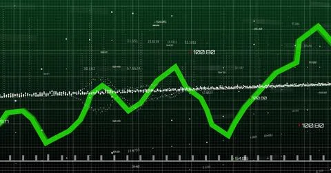Image of financial data processing over grid on dark background Foto stock
