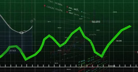 Image of financial data processing over grid on dark background Stock Photos
