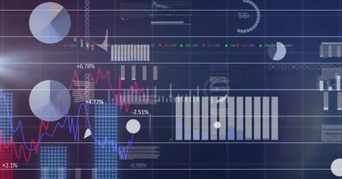 Image of financial data processing over grid on dark background Stockfoto's
