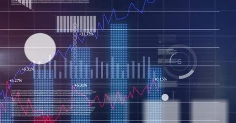 Image of financial data processing over grid on dark background Stockfoto's
