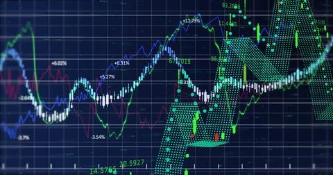 Image of financial data processing over grid on dark background Foto stock