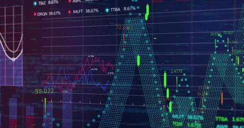 Image of financial data processing over grid on dark background Stock Photos