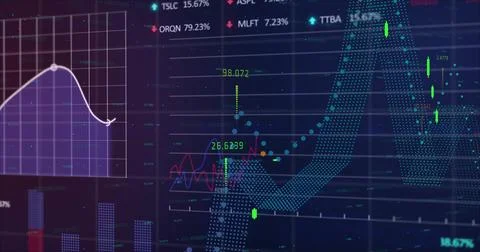 Image of financial data processing over grid on dark background Stock Photos