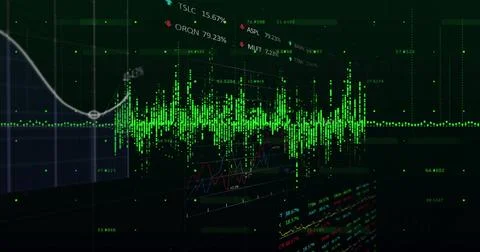 Image of financial data processing over grid on dark background Foto stock